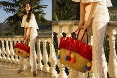 NEW ARRIVAL - Summer Beauty Red Fringed Round Multi Color Pom Pom Straw Bag