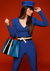 NEW ARRIVAL - Color Blocking Minimalistic Shopper Blue White Black With Golden Plaque