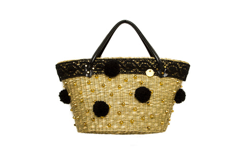 NEW ARRIVAL - Summer Beauty Gold Studded Round Black Pom Pom Straw Bag