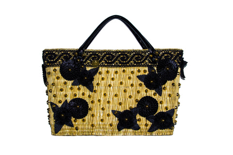 NEW ARRIVAL - Summer Beauty Gold Studded Black Rose & Round Flower Straw Bag