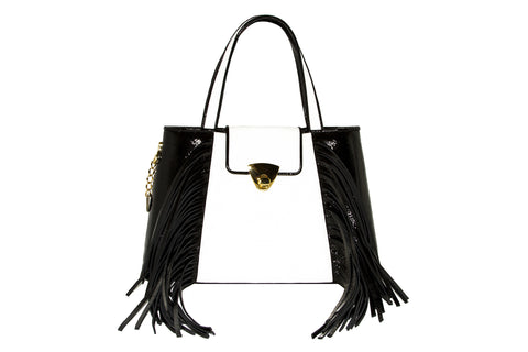 NEW ARRIVAL - Trapezoid Small Black & White Fringed Delight Tote