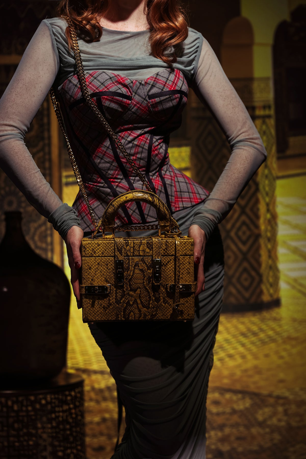 NEW ARRIVAL - Miss Perfect Petite Necessaire Trunk Mustard Python