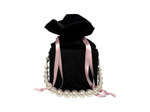 NEW ARRIVAL - Metallic Black Square Brick Bucket Bag With Pearl Handle