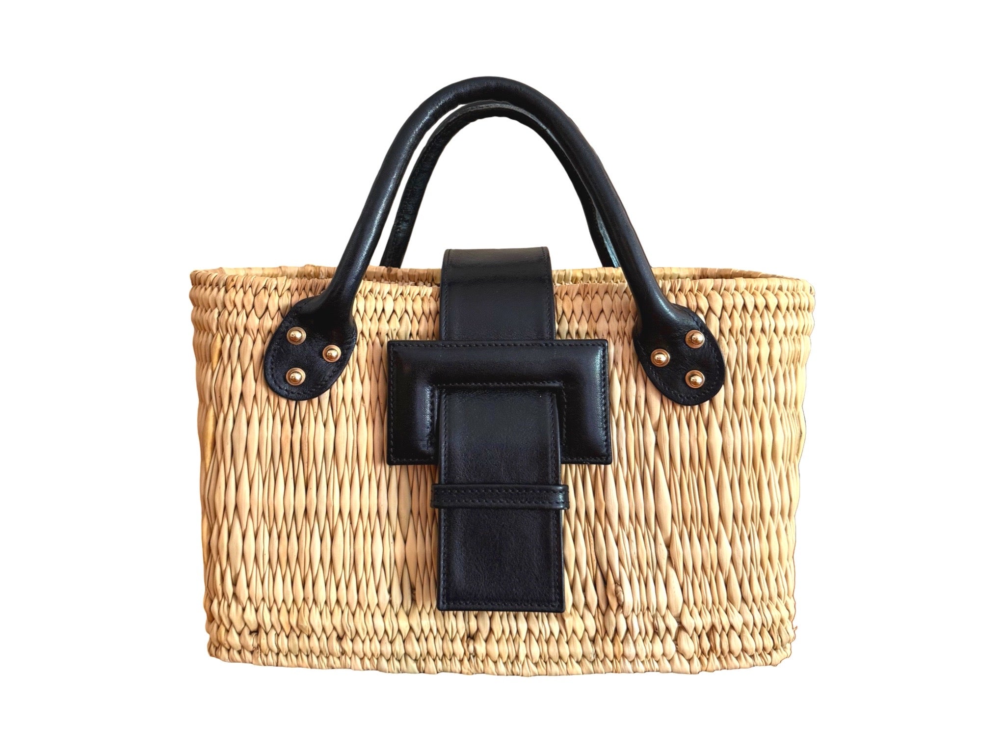 NEW ARRIVAL - Summer Beauty Leather Buckle Aurelia Mini Straw Bag Black