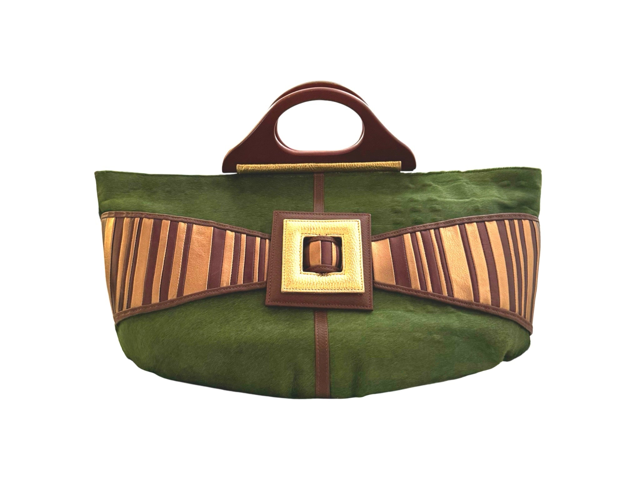 NEW ARRIVAL - Elongated Wooden Handle Celeste Zeus Bag Garden Green