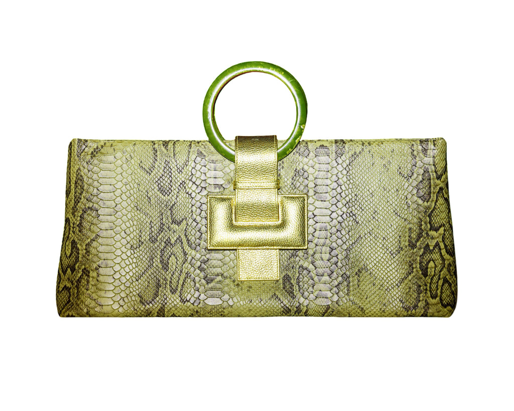 NEW ARRIVAL - Elongated Round Handle Celeste Rectangular Bag Green Python