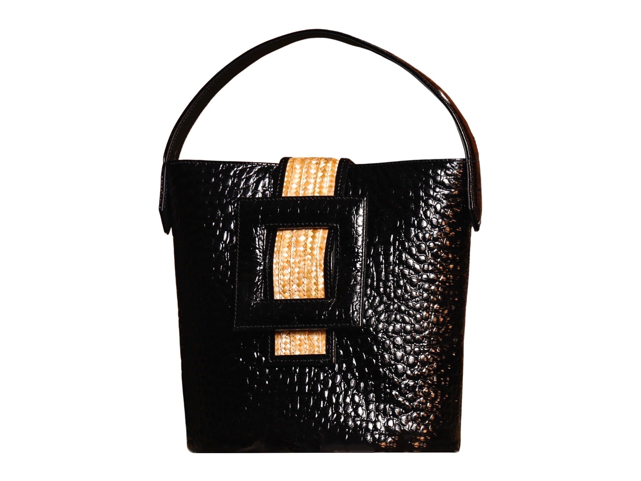 NEW ARRIVAL - Raffia Celeste Oval Bag Black Croc