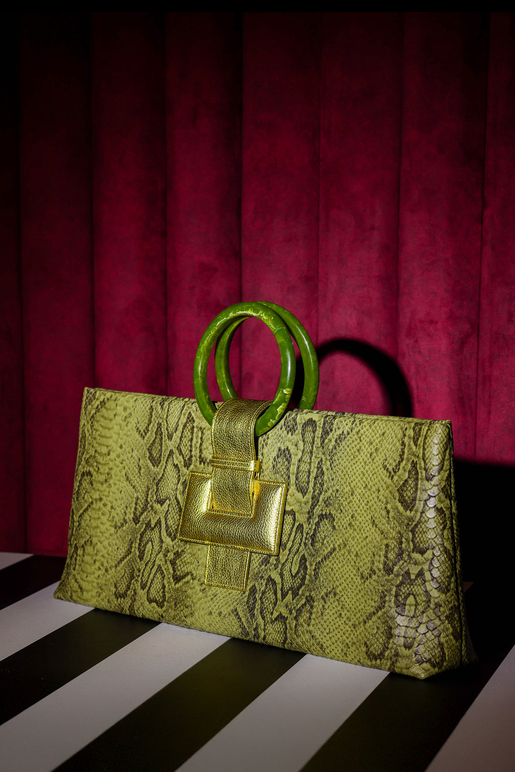NEW ARRIVAL - Elongated Round Handle Celeste Rectangular Bag Green Python