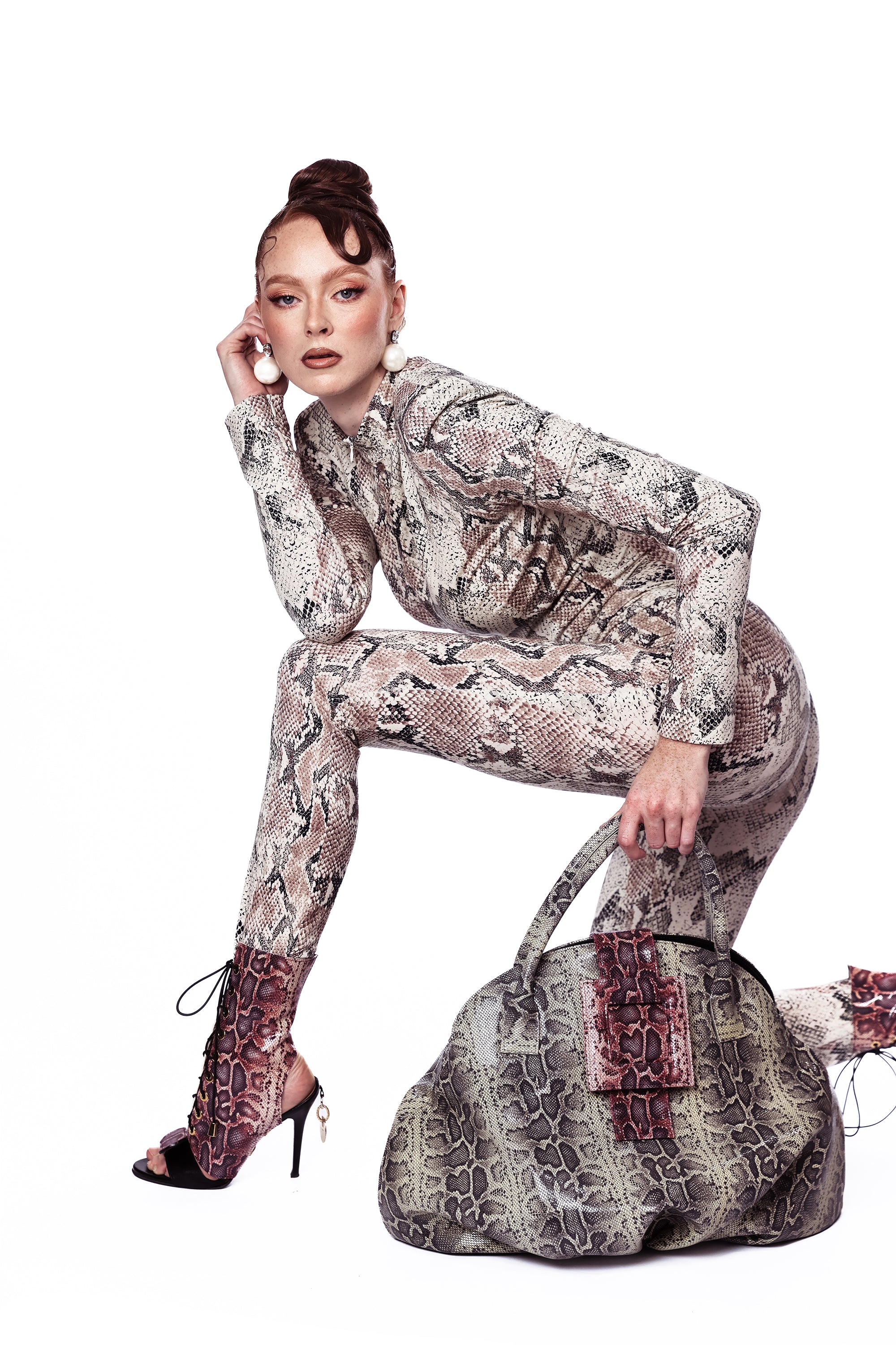 NEW ARRIVAL - Large Celeste Bowling Bag Two Tone Grey Python