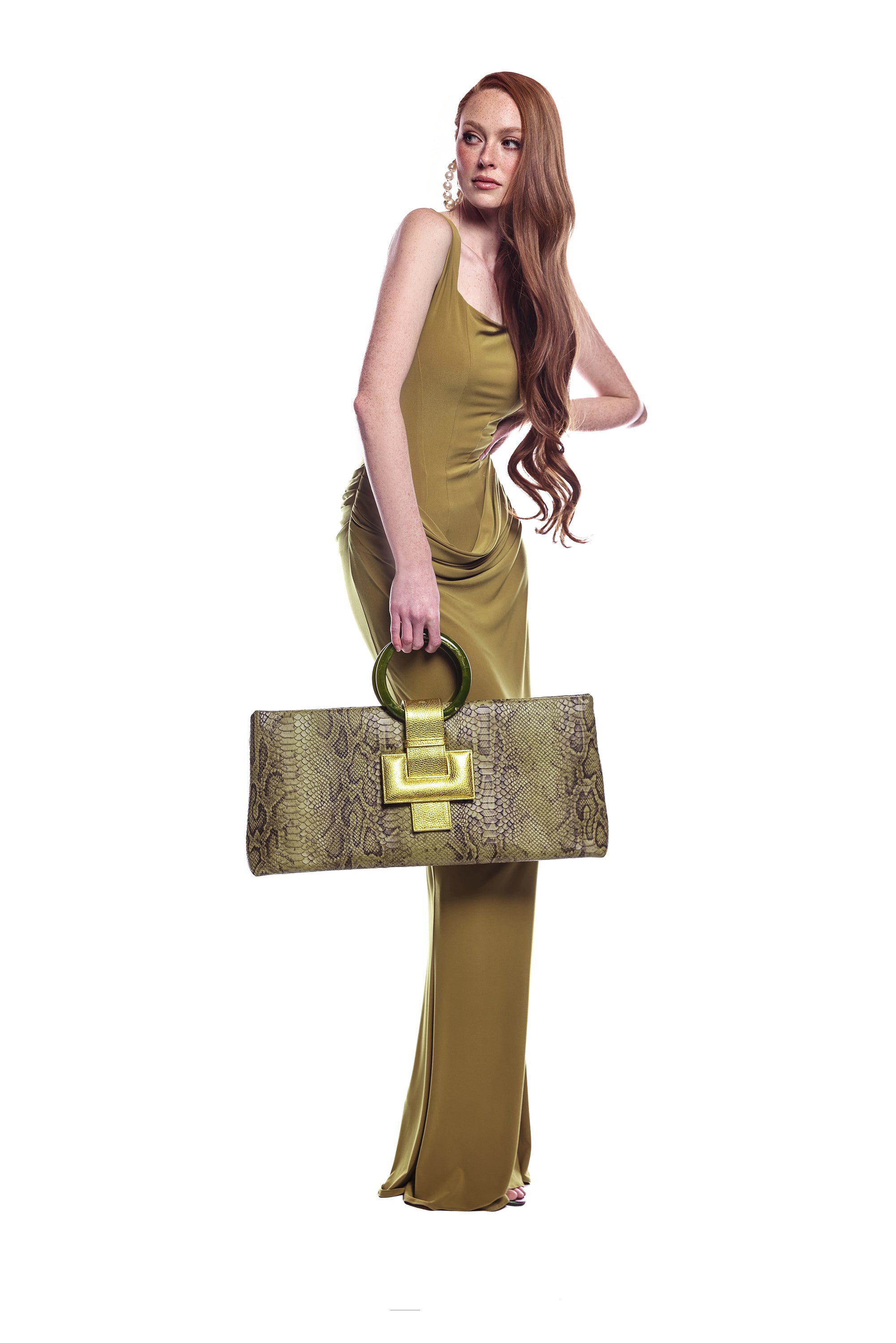 NEW ARRIVAL - Elongated Round Handle Celeste Rectangular Bag Green Python
