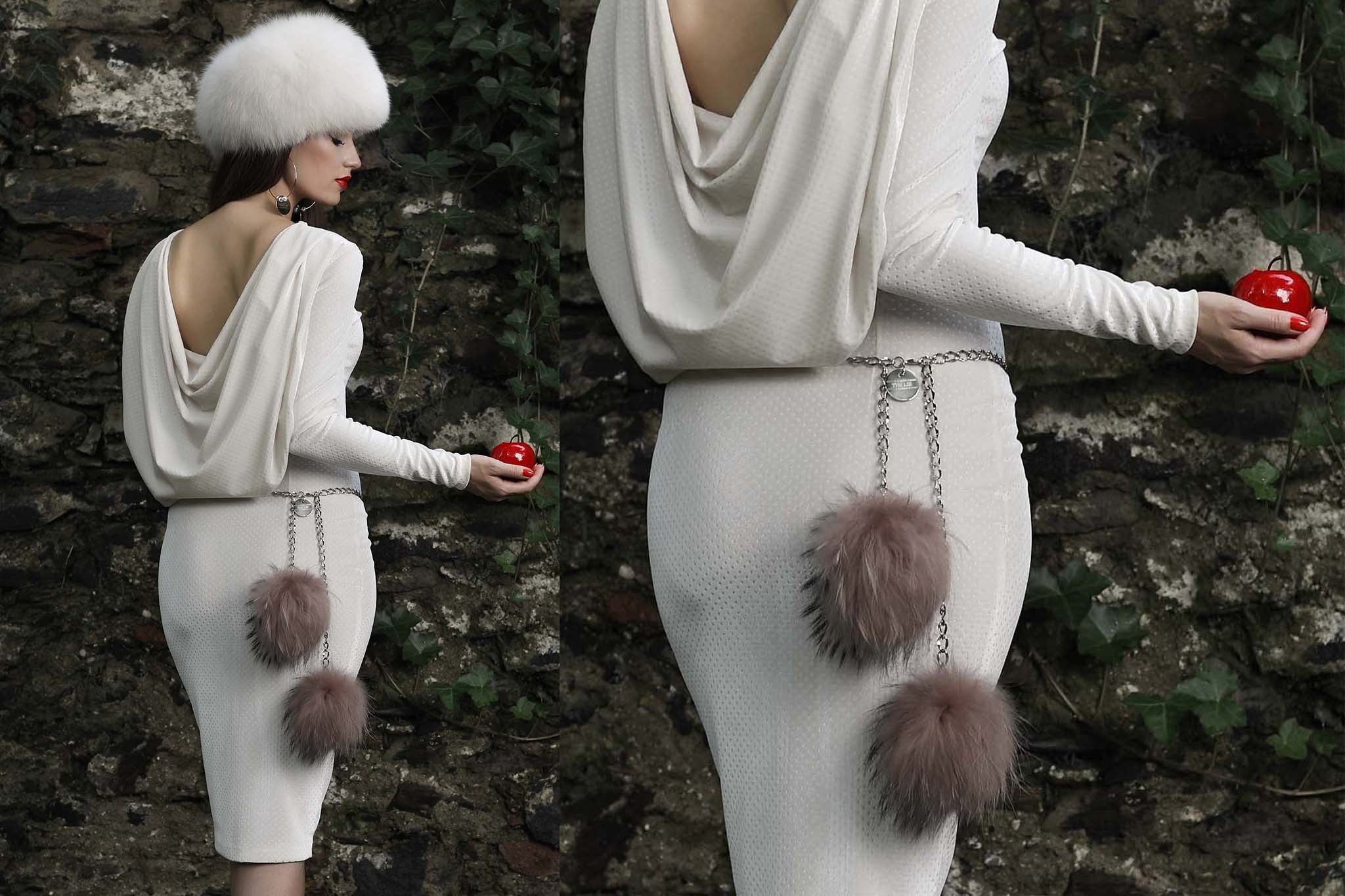 NEW ARRIVAL - Double Pink Fur Pom Pom Silver Chained Belt