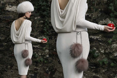 NEW ARRIVAL - Double Pink Fur Pom Pom Silver Chained Belt