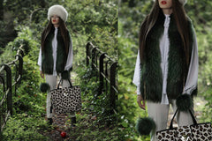 NEW ARRIVAL - Double Green Fur Pom Pom Golden Chained Scarf