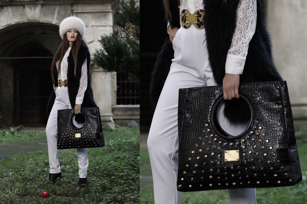 NEW ARRIVAL - Statement Bag Fashionista Studded Matte Black Croc