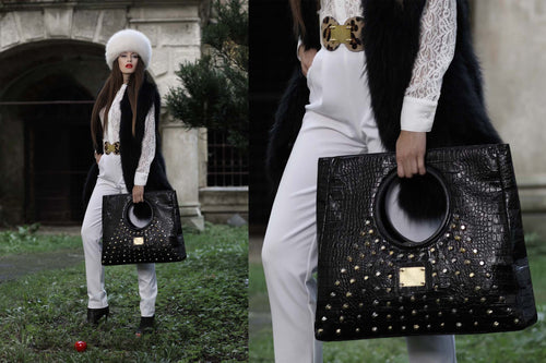 NEW ARRIVAL - Statement Bag Fashionista Studded Matte Black Croc