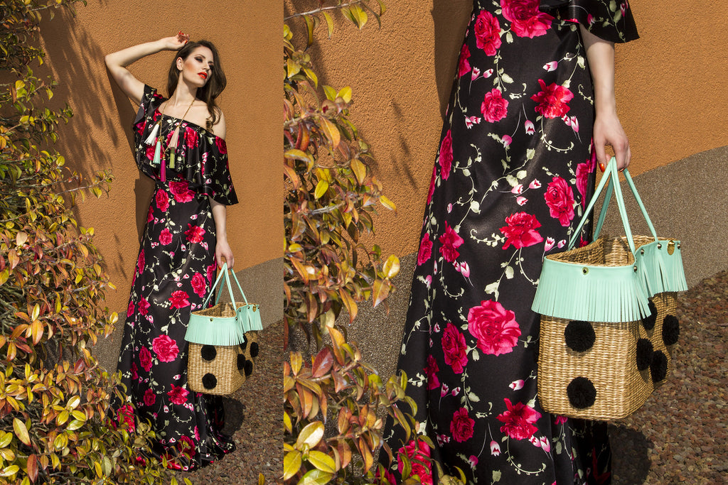 NEW ARRIVAL - Summer Beauty Turquoise Fringed Square Black Pom Pom Straw Bag
