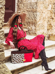 NEW ARRIVAL - Elongated Wodden Handle Aphrodite Leopard Bag Pink Floral
