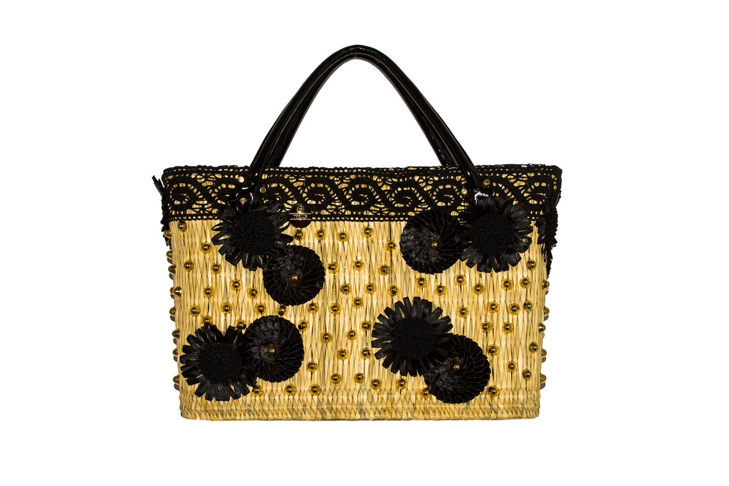 NEW ARRIVAL - Summer Beauty Gold Studded Black Daisy & Round Flower Straw Bag