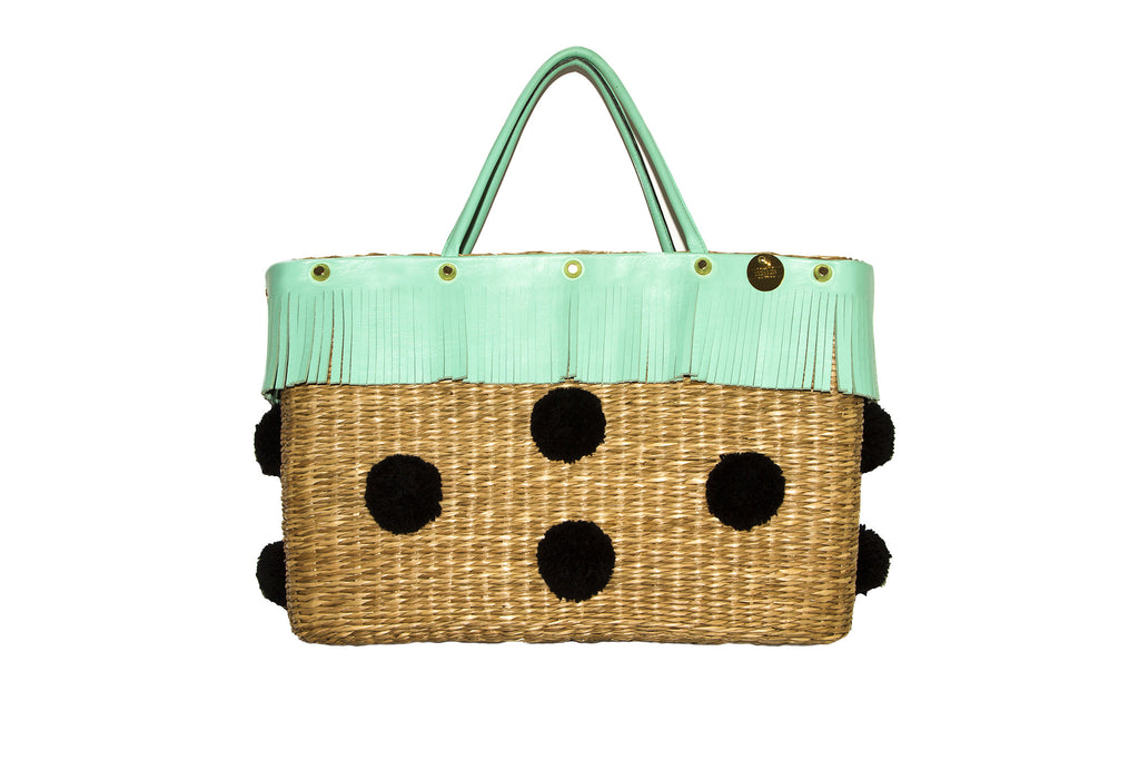 NEW ARRIVAL - Summer Beauty Turquoise Fringed Square Black Pom Pom Straw Bag