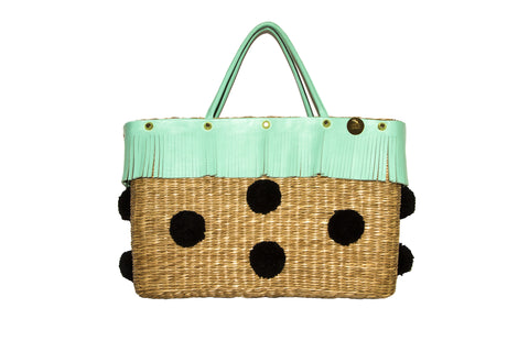 NEW ARRIVAL - Summer Beauty Turquoise Fringed Square Black Pom Pom Straw Bag