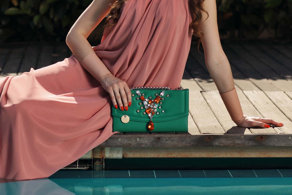 Orange Stone & Silver Stud Poisonous Green Bon Bon Clutch