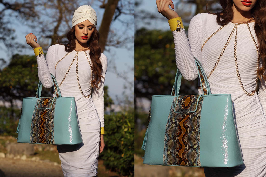 NEW ARRIVAL - Trapezoid Big Baby Blue & Python Jungle Tote