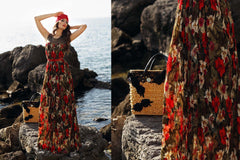 Summer Beauty Gold Studded Black Rose Straw Bag