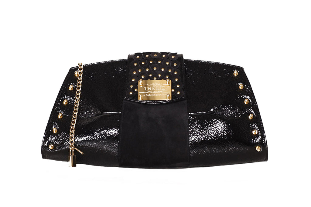 Trapezoid Studded Shiny Black Clutch