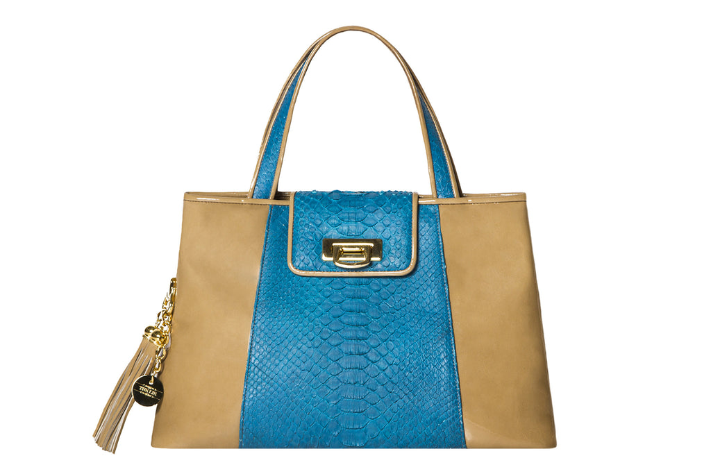 NEW ARRIVAL - Trapezoid Small Mocca Patent Leather & Turquoise Python Tote