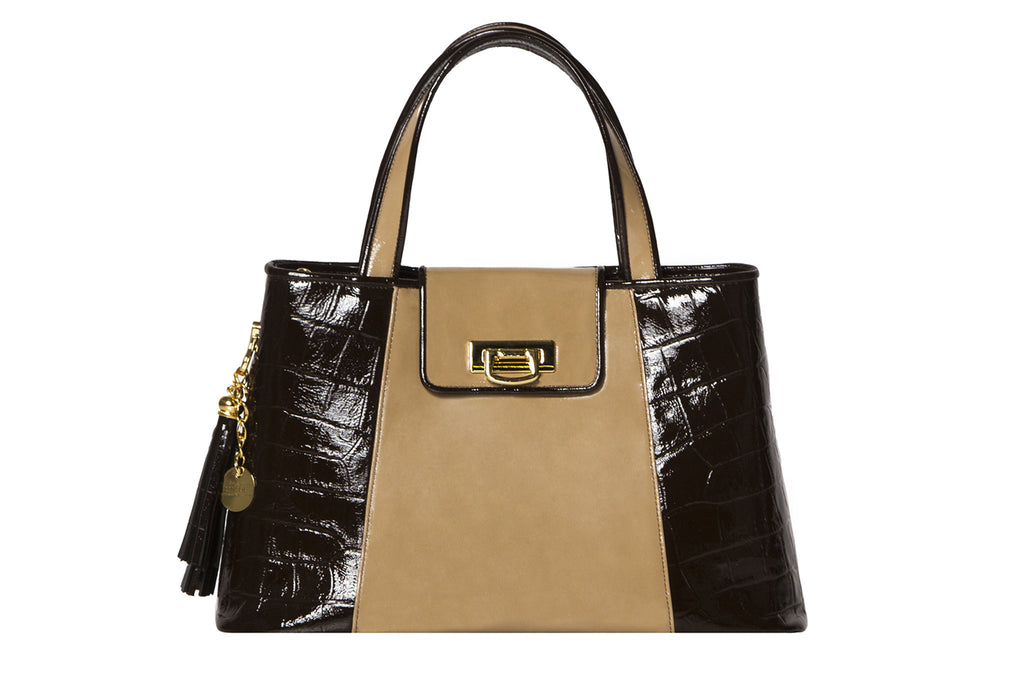 NEW ARRIVAL - Trapezoid Small Chocolate Brown Croc & Mocca Patent Leather Tote