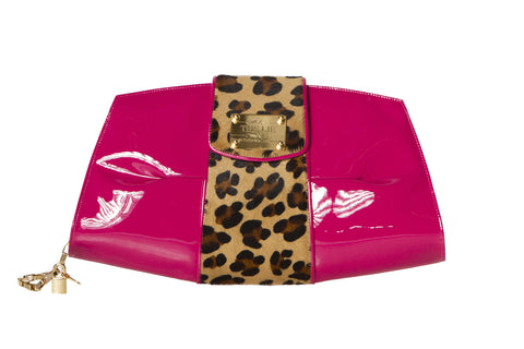 Trapezoid Studded Shiny Fuchsia Leopard Clutch