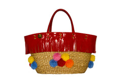 NEW ARRIVAL - Summer Beauty Red Fringed Round Multi Color Pom Pom Straw Bag