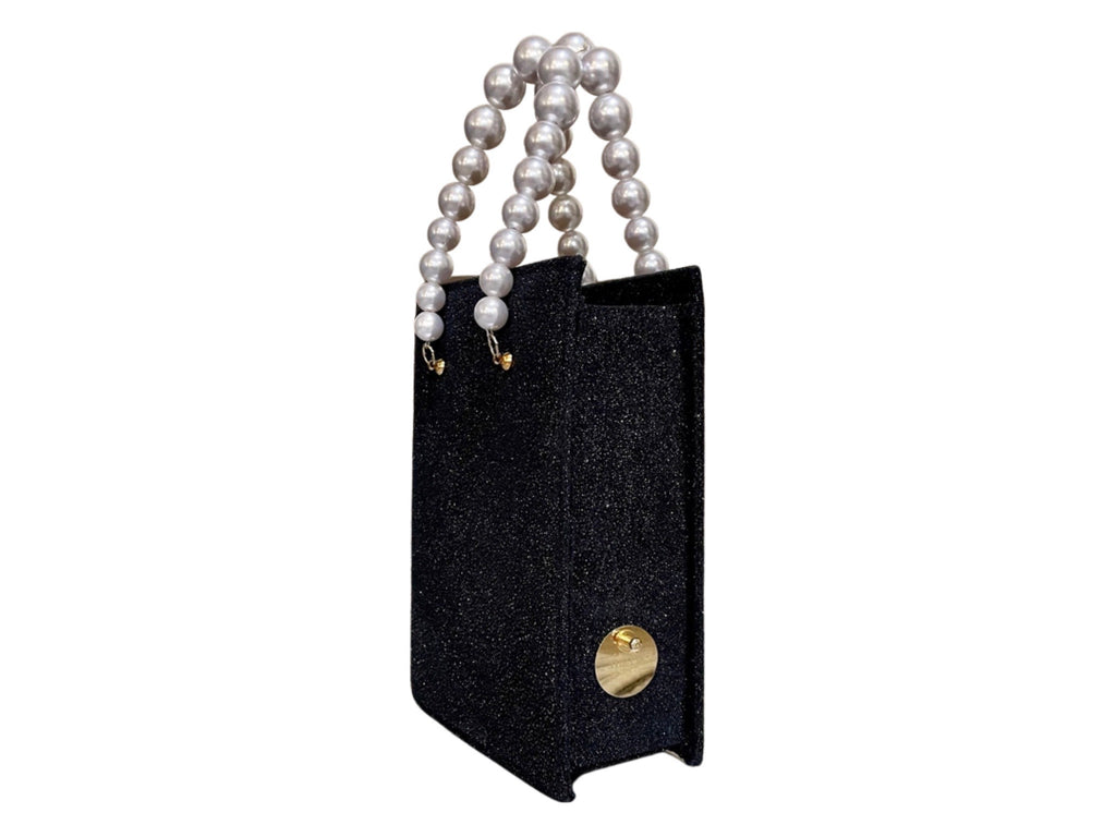 NEW ARRIVAL - Metallic Black Brick Bag With Pearl Handle