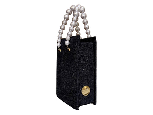 NEW ARRIVAL - Metallic Black Brick Bag With Pearl Handle