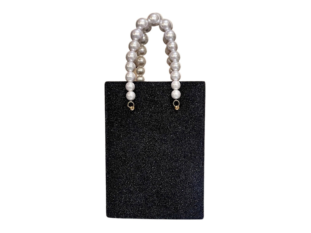 NEW ARRIVAL - Metallic Black Brick Bag With Pearl Handle