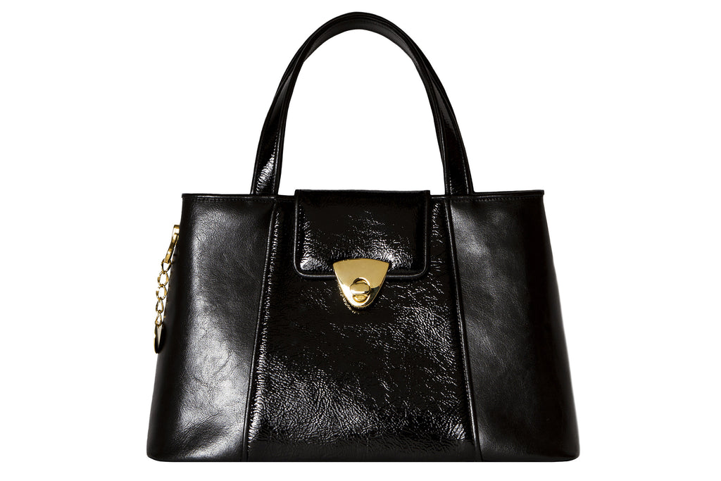 NEW ARRIVAL - Trapezoid Small Matte & Patent Black Leather Tote