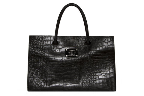 NEW ARRIVAL - Basic Minimalistic Shopper Matte Black Croc With Silver Plaque