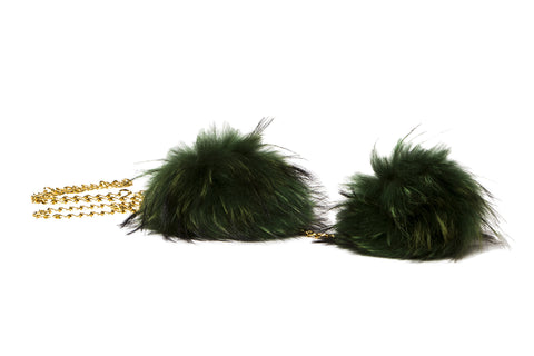 NEW ARRIVAL - Double Green Fur Pom Pom Golden Chained Scarf