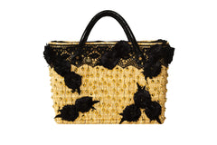Summer Beauty Gold Studded Black Rose Straw Bag