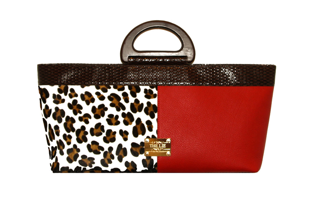 NEW ARRIVAL - Elongated Wodden Handle Aphrodite Leopard Bag Red