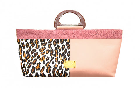 NEW ARRIVAL - Elongated Wodden Handle Aphrodite Leopard Bag Pink Floral