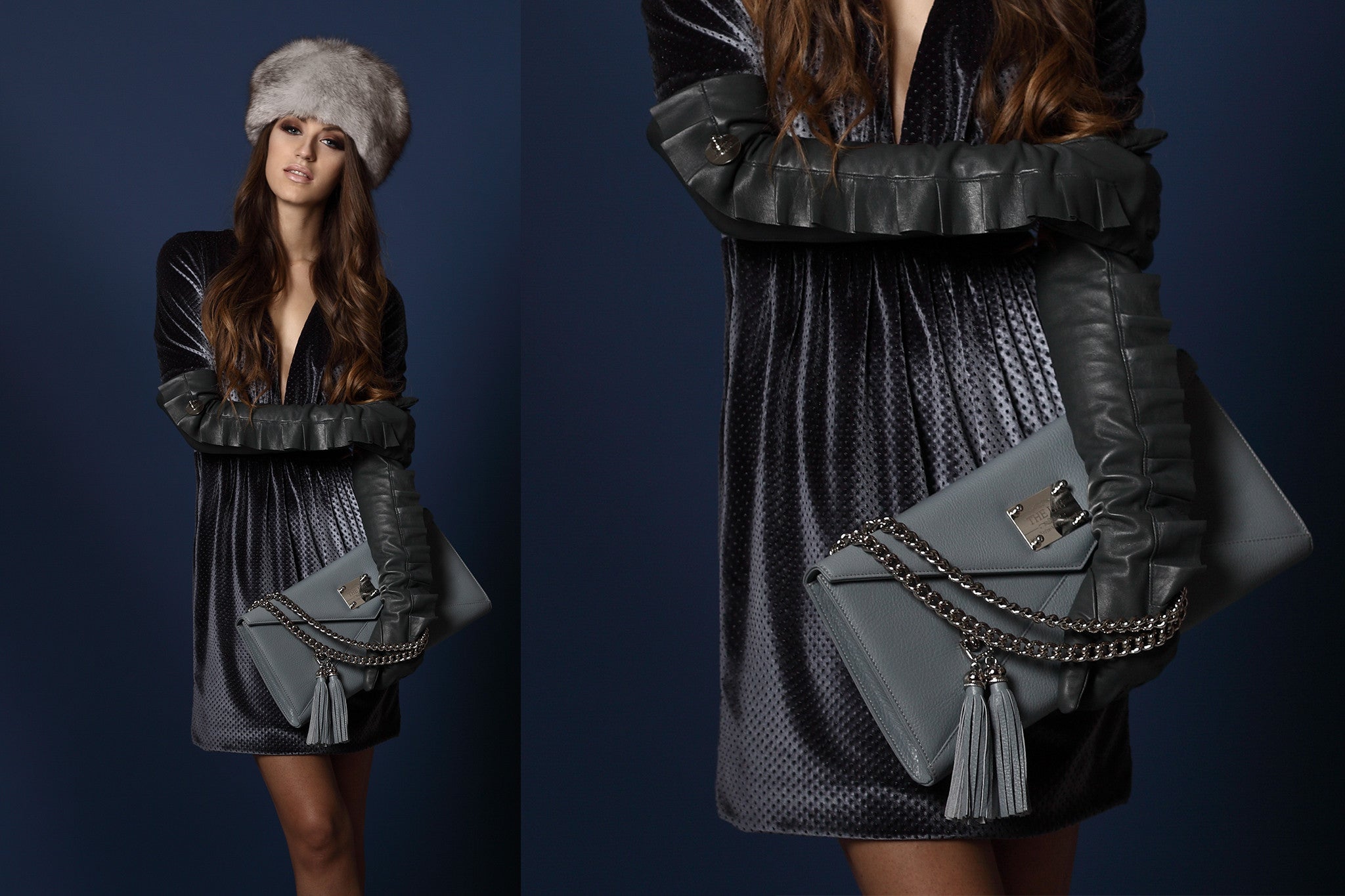 NEW ARRIVAL - Evening Envelope Cross Body & Shoulder Matte Grey With Silver Combo And Tassels